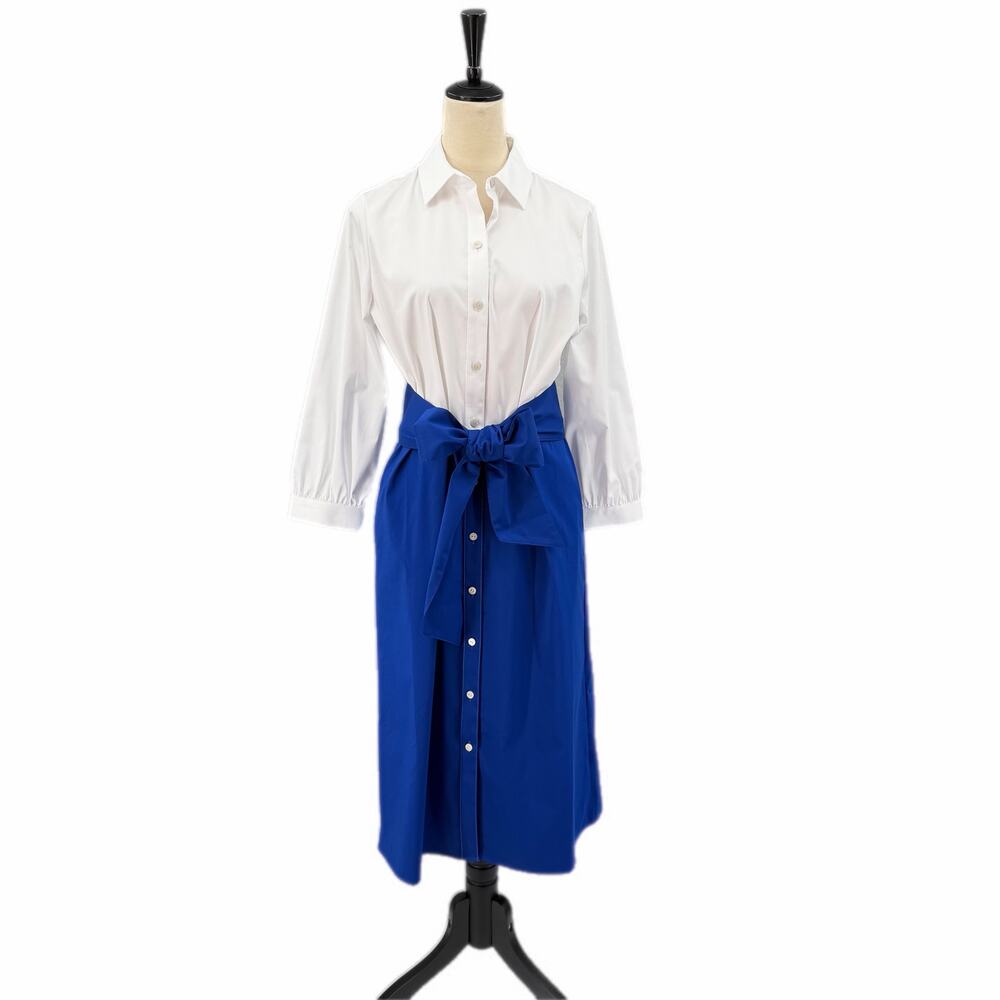 Foxcroft NWT White & Royal Blue Poplin Waist Tie Long Sleeve Midi Shirt Dress